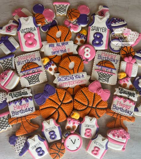 Girls Basketball Birthday Girly Basketball Cake, Girls Basketball Party Ideas, Girls Basketball Birthday Party, Girls Sports Birthday Party, 13th Birthday Party Ideas For Girls, Basketball Birthday Cake, Basketball Party Decorations, Basketball Theme Birthday