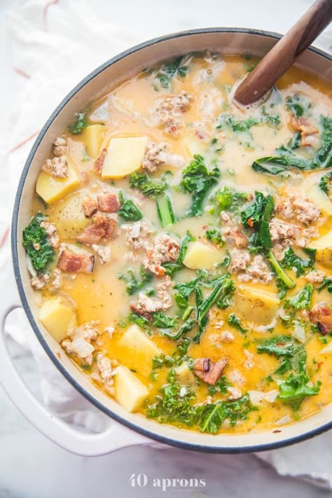 Soup Whole 30, Healthy Zuppa Toscana, Whole30 Soup, Kale Sausage, Whole30 Soup Recipes, Soup Italian, Garden Soup, 40 Aprons, Toscana Recipe