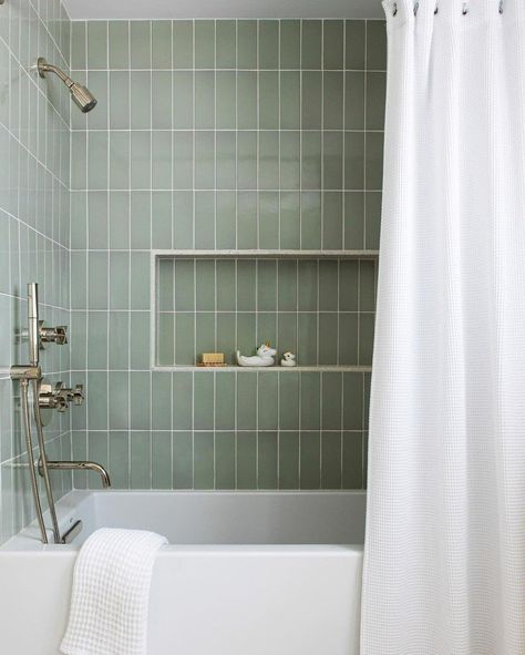 27 Beautiful Green Bathroom Ideas | Kallista Easy Bathroom Updates, Best Bathroom Colors, Monochrome Bathroom, Green Tile Bathroom, Green Bathroom Decor, New Bathroom Designs, Bathroom With Tub, Shower Wall Tile, Bathtub Decor