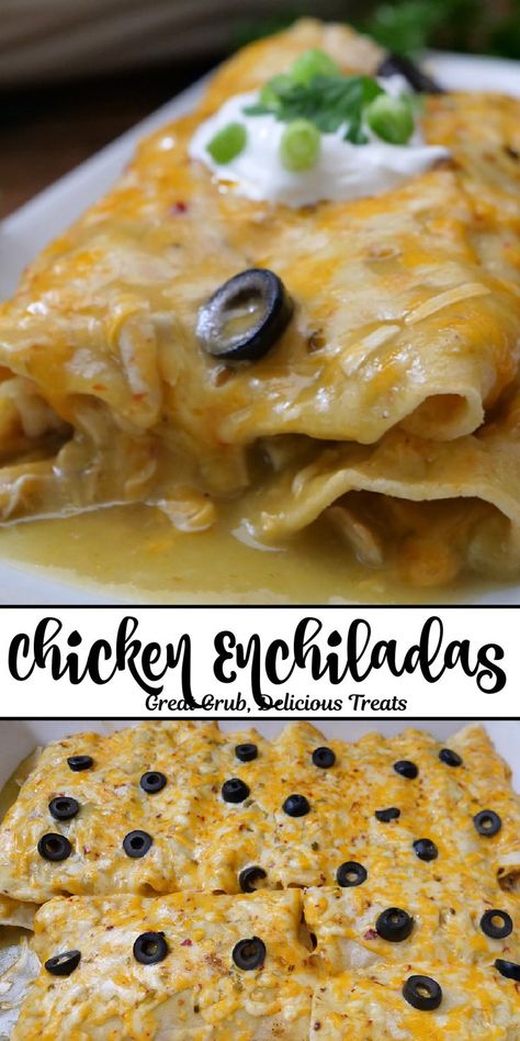 A double photo collage of chicken enchiladas in a baking dish topped with sliced black olives. Spicy Enchilada Sauce, Pulled Pork Enchiladas, Pulled Pork Leftover Recipes, Corn Tortilla Recipes, Best Enchiladas, Enchilada Ingredients, Crock Pot Inspired Recipes, Chicken Salad Recipe Easy, Enchilada Casserole Recipes