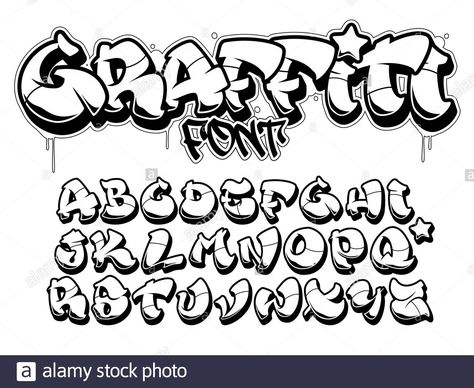 Vector font in old school graffiti style. Capital letters alphabet. Isolated black outline Stock Vector Graffiti Letters Styles, Free Graffiti Fonts, Cool Fonts Alphabet, Bubble Letters Alphabet, Bubble Alphabet, Graffiti Alphabet Styles, Alphabet Graffiti, Graffiti Lettering Alphabet, Alphabet Style