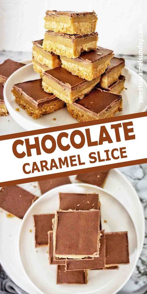 Easy Caramel Slice, Caramel Slices, Chocolate Caramel Slice, Healthy Dessert Recipes Easy, Caramel Filling, Chocolate Slice, Easy Caramel, Caramel Slice, Gooey Caramel