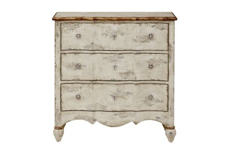 Perched on fully-turned bun feet, this antique-inspired three drawer chest shines with delightful details. A distressed and weathered white finish features subtle pastel undertones, crowned with ring pulls and decorative faux keyholes on each drawer. Dark bronze trim chases the edges of the top edge and drawer boxes, highlighting the gently-shaped drawer fronts, top, and base rail. A carved, decorative apron at the base finishes the silhouette with a hint of flair. Purple Bedroom Accents, Flea Market Furniture, Ring Pulls, Three Drawer Chest, Purple Bedroom, Accent Chest, Weathered White, Vintage Dressers, Antique Inspiration