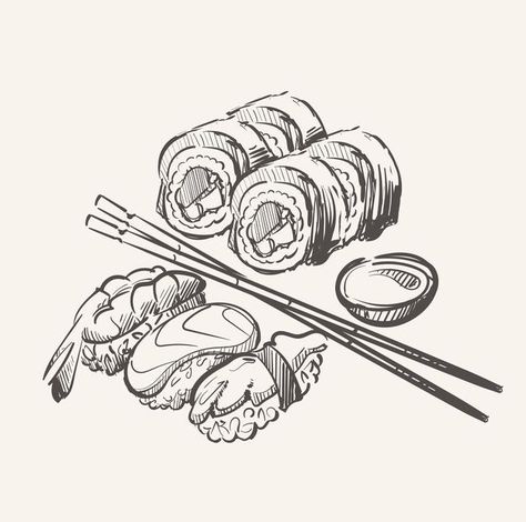 Sushi Sketch Drawings, Sushi Drawing Illustration, Japanese Food Sketch, Japanese Food Drawing, Sushi Sketch, Sushi Doodle, Food Drawing Sketches, Sushi Tattoo, Sushi Illustration