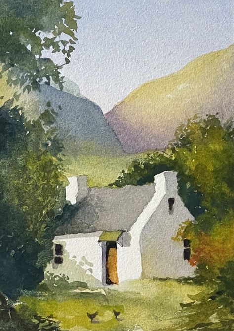 Watercolour by Nicola Wilkinson Watercolour Cottage Painting, Cottage Painting Easy, Water Colour Painting Beginner, Water Colour Art Landscape, Watercolour Inspiration Landscape, Watercolour Landscape Easy, Acrylic Landscape Paintings Easy, Watercolor Landscape Easy, Watercolour Art Landscape