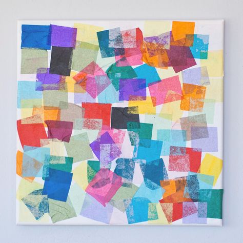 Even toddlers can get into this square artwork. Precut shapes of tissue paper and then use watered-down glue to paint over them, turning a white canvas into a colorful mashup. The Wonder Pets, Shapes Lessons, Wonder Pets, Tissue Paper Art, Fun Projects For Kids, Paper Art Projects, It's Time To Change, Preschool Colors, Cat Treats Recipes