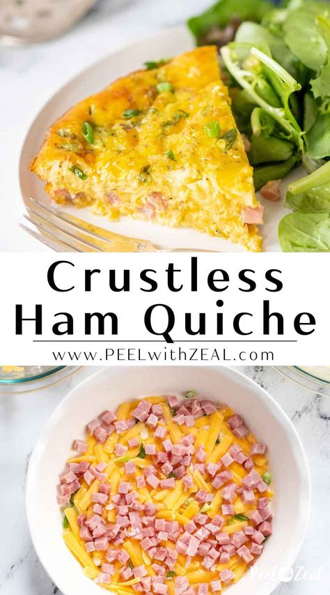 Ham and Cheese Crustless Quiche A delicious crustless quiche recipe with ham, a melty cheese blend, and green onions. This recipe is quick to prep and a great alternative to traditional quiche. Egg And Cheese Quiche Crustless, Crustless Meat Lovers Quiche, Ham And Cheese Crustless Quiche Recipes, Gluten Free Ham Recipes, High Protein Crustless Quiche, Egg Quiche Recipes Crustless, Ham Quiche Recipes Crustless, Gluten Free Quiche Crustless, Crustless Ham Quiche