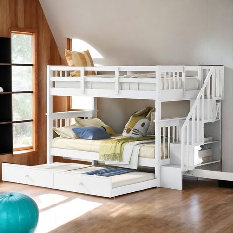 Product Description If you need extra sleeping space or your family love sleepovers, this Stairway Twin-Over-Twin Bunk Bed with Trundle is perfect for your home. Nursery Designs, Twin Over Twin Bunk Bed, Twin Bunk Bed, Bed With Trundle, Bunk Bed With Trundle, Twin Bunk Beds, Kids' Bed, Kids Bedroom Furniture, Nursery Design