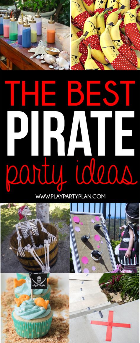 The ultimate collection of pirate party ideas! From ideas you can DIY to ideas you can buy, if you're planning a pirate party, these ideas are for you! Pirate food ideas, pirate game ideas, and more! Simple Pirate Birthday Party, Pirate Themed Party Games, Pirates Life For Three Birthday, Pirate Theme Party Favors, Pirate Themed 4th Birthday Party, Pirate Theme Food Ideas, Pirate Birthday Food Ideas, Pirate Party Ideas For Kids, Pirate Themed Birthday Party Food