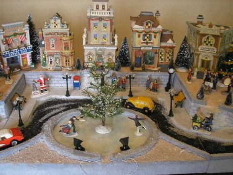 Christmas Village Roads Diy, Christmas Village Platform, Lemax Christmas Village Display, Holiday Village Display, Halloween Villages, Cozy Home Decor Ideas, Christmas Tree Village Display, Diy Christmas Village Displays, Department 56 Christmas Village