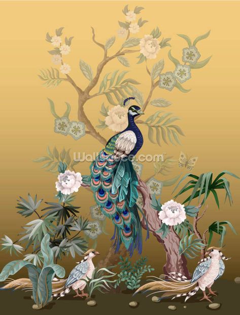 Peacock Canvas, Peacock Wallpaper, Power Wallpaper, Tree Watercolor Painting, Chinoiserie Style, Chinoiserie Wallpaper, Watercolor Trees, In Frame, Peacocks