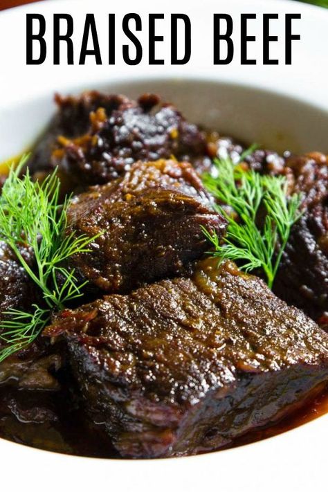 This juicy braised beef recipe is so tender and flavorful. The beef is browned in hot olive oil, then covered in spices, garlic, sauteed onion, and braised in red wine. #simplyhomecooked #beef #beefrecipe #braisedbeef #juicybeef #dinner Beef Chuck Tender Steak Recipes, Chuck Tender Steak Recipes, Chuck Tender Steak, Red Wine Braised Beef, Wine Braised Beef, Chuck Tender, Braised Beef Recipes, Braising Recipes, Braised Steak