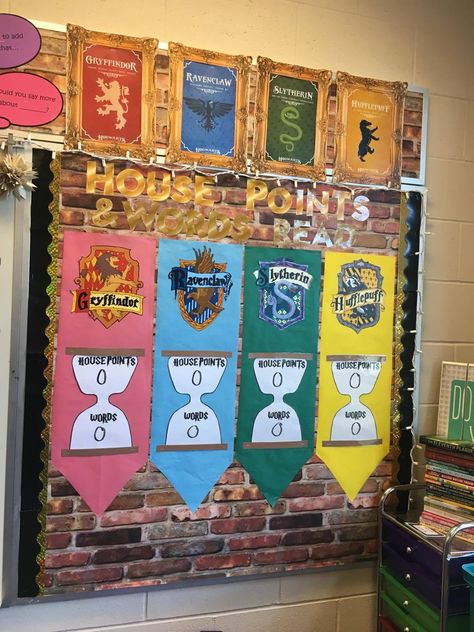 Creating A Magical Learning Space When I was in elementary school, I thought reading was just ok. Mostly, I made sure to read just en... Harry Potter Bulletin Board, Harry Potter Classroom Theme, Harry Potter Display, Harry Potter Classes, Classe Harry Potter, The Hogwarts Express, Harry Potter School, Harry Potter Classroom, Anniversaire Harry Potter