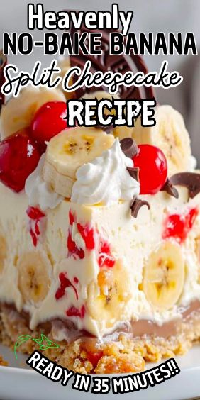 Heavenly No-Bake Banana Split Cheesecake Easy Banana Split Dessert, No Bake Banana Cheesecake Easy, Banana Bread Bottom Cheesecake, Easy No Bake Banana Split Dessert, Heavenly No Bake Banana Split Cheesecake, Banana Cheesecake Recipe No Bake, Banana Split Cheesecake Recipes, Banana Foster Cheesecake Recipes, No Bake Banana Split Cake Recipe