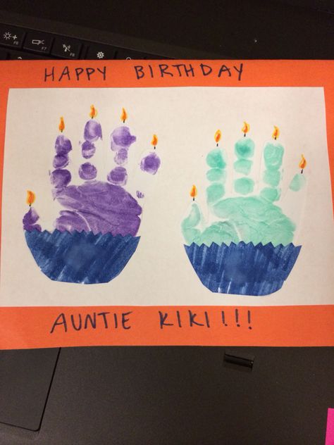 Handprint birthday card Handprint Birthday Card, Happy Birthday Crafts, Birthday Card For Aunt, Happy Birthday Auntie, Baby Art Projects, Homemade Birthday, Birthday Card Craft, Homemade Birthday Cards, Bday Cards