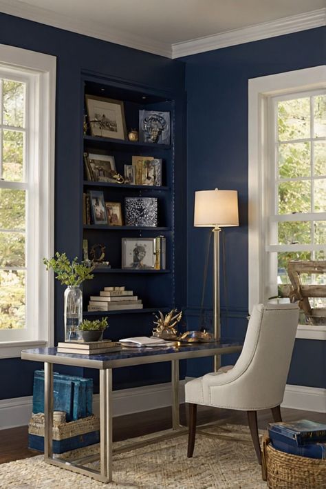 Explore the top paint choice for 2024 with Navel (SW 6887) for a nautical-inspired space. Dive into daily interior design routines and decor tips to elevate your maritime moods. #Ad #homedecor #homedesign #trendgirlApartment #Painthome #interiorarchitecture Wall Colors Green Room Colors Bright Room office Colors Apartment Renovation Home office Remodeling Modern Paint Colors 2024 Navy Blue And White Home Office, Paint Colors 2024, Dads Office, Green Room Colors, Navy Blue Paint Colors, Navy Office, Modern Paint Colors, Paint Pallet, Bright Room