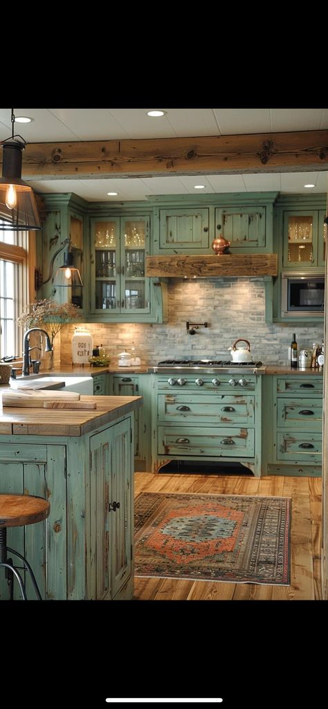 Rustic House Decor Ideas Kitchen, Western Kitchen Cabinets Ranch, Western Cabinets Kitchen, Unique Kitchen Colors, Old Farmhouse Kitchen Cabinets, Western Home Decor Ranch Style Kitchen, Western Kitchen Decor Ideas, Distressed Cabinets Kitchen, Western Theme Kitchen