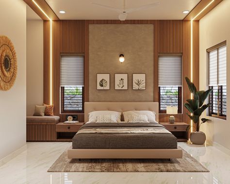 JUMP Kerala Style Bedroom Design, Bedroom Wood Ceiling Design, Bedroom With Window Behind Bed Interior Design, Bed Wall Design With Window, Bedroom Design Indian Style, Bedroom Front Wall Design, Bed Back Design With Window, Indian Master Bedrooms Decor, Indian Bedroom Ideas Interior Design