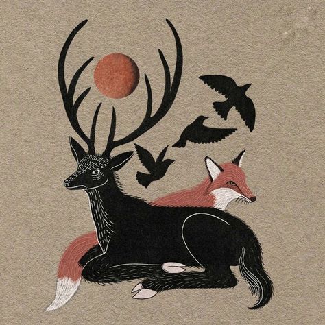 Fox And Deer Art, Deer Fox Art, Deer Folk Art, Fox Folk Art, Deer Drawing Simple, Simple Deer Drawing, Deer Art Illustration, Deer Art Drawing, Fox With Antlers