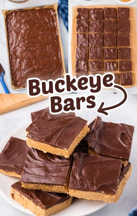 Buckeye Bars are soft no-bake desserts with a thick peanut butter base and topped with a chocolatey ganache. These chocolate peanut butter bars are so easy to make with just 5-ingredients and 10-minute prep! #dessert #recipes Buckeye Bars Recipe, Buckeye Bars, Chocolate Peanut Butter Bars, Peanut Butter Bars Recipe, Peanut Butter No Bake, Peanut Butter Chocolate Bars, Butter Bars, Dessert Bar Recipe, Candy Recipes Homemade