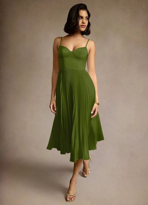 Emma Olive Green Pleated Midi Dress Atelier Dresses | Azazie Olive Green Formal Dress, Garden Wedding Dress Guest, Cocktail Dress Code, Atelier Dress, Formal Wedding Attire, Tea Length Bridesmaid Dresses, Summer Cocktail Dress, Green Formal Dresses, Military Ball Dresses