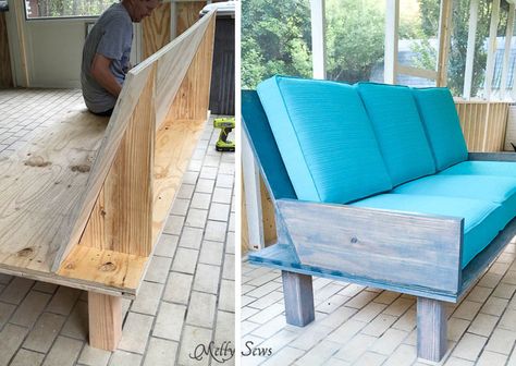 Step 3 - Make a DIY outdoor sofa from plywood - love the minimalist lines! - Melly Sews Plywood Couch, Outdoor Sofa Diy, Melly Sews, Couch Diy, Diy Couch, Best Outdoor Furniture, Diy Sofa, Furniture Couch, Plywood Furniture