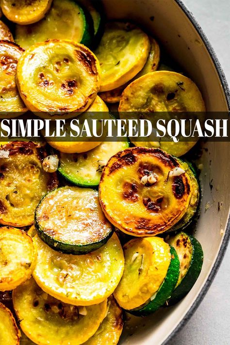 Sauteed Zucchini & Squash. It’s a simple side dish that showcases sliced & seared summer squash and savory Italian flavors. // recipes Sauteed Yellow Squash, Italian Seafood Stew, Sauteed Zucchini And Squash, Sauteed Squash, Grilled Broccolini, Zucchini And Squash, Yellow Squash Recipes, Weeknight Recipes, Sauteed Zucchini