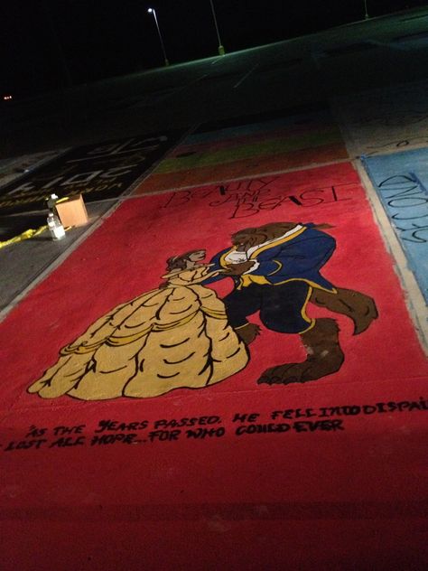 My painted parking spot! Beauty and the beast. :) Beauty And The Beast Parking Spot, Senior Spots, Senior Events, Parking Ideas, Parking Lot Painting, Lil Mermaid, Senior Year Fun, Senior Year Pictures, Parking Spot Painting