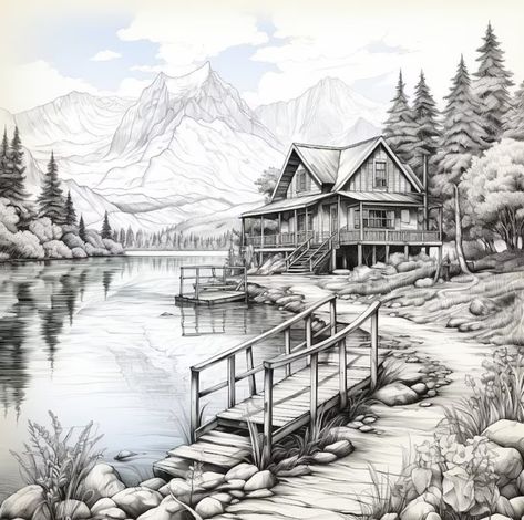 Cottage Pencil Drawing, Scary House Drawing, Drawing Landscapes Pencil, Panoramic Drawing, House Pencil Drawing, Landscape Ideas Drawing, Nature Scenery Drawing, Farmhouse Drawing, Town Sketch