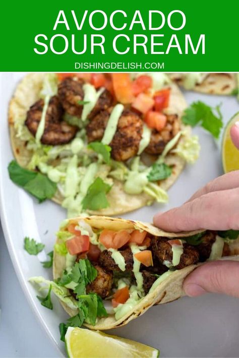 Blackened Shrimp Tacos, Shrimp Taco Sauce, Avocado Sour Cream, Shrimp Tacos Easy, Easy Taco Recipes, Healthy Eating Meal Plan, Blackened Shrimp, Mexican Side Dishes, Shredded Cabbage