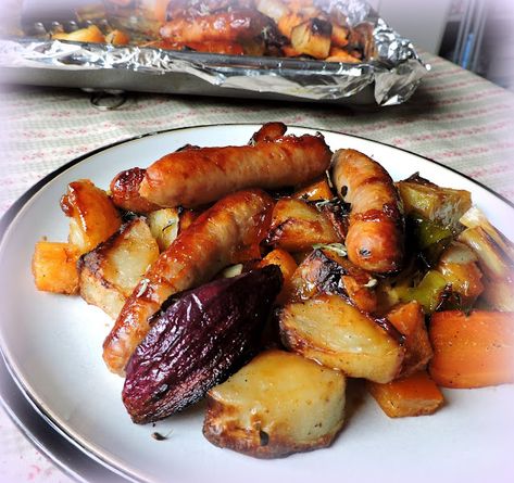 Sticky Sausage Tray Bake Sausage Tray Bake, Sticky Sausages, Sausage Dinner, Low Fat Cooking, Grilled Roast, Tray Bake Recipes, Sausage Dishes, The English Kitchen, Sausage Bake