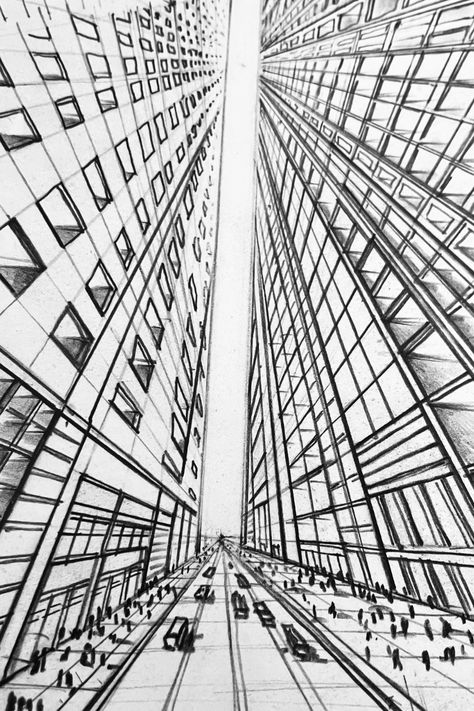 A city street view in two-point perspective, looking high and low. Click to see this simple drawing tutorial from Circle Line Art School. https://www.circlelineartschool.com Perspective Drawing City Street, Distorted Perspective Drawing, One Point City Perspective Drawing, One Point Perspective Street View, One Point Perspective Drawing Ideas, Two Point Perspective Drawing City, Line Perspective Drawing, One Point Perspective Drawing Street, Looking Up Perspective Drawing