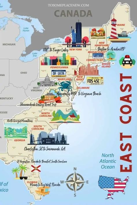 15 East Coast USA Road Trip Itinerary Ideas - tosomeplacenew Northeast Usa Road Trip, Road Trip Routes United States, East Coast Summer Vacation, East Coast Vacations, Road Trip East Coast, Northeast Road Trip, East Coast Travel Destinations, New York Road Trip, Rv Travel Destinations