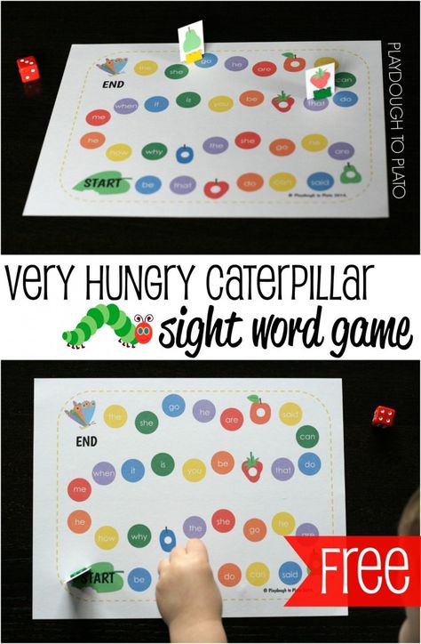 FREE Very Hungry Caterpillar Sight Word Game. Fun, motivating way to practice reading, spelling and writing sight words. Editable Sight Word Games, Learn Sight Words, Free Printables For Kids, Sight Word Fun, Teaching Sight Words, Printables For Kids, Sight Words Kindergarten, Sight Word Practice, Literacy Stations