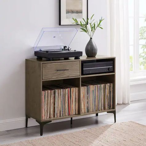 Sydney Record Storage Media Console - On Sale - Bed Bath & Beyond - 37184991 Media Shelves, Open Storage Shelves, Stationary Storage, Media Shelf, Turntable Stand, Audio Components, Record Player Stand, Storage Console, Console Organization