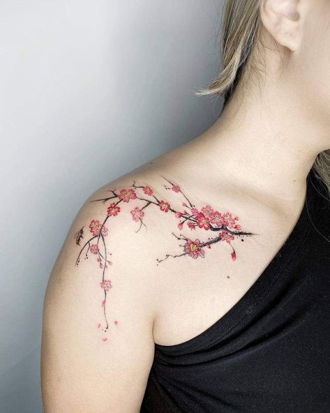 Botanical Tattoo Design, Delicate Flower Tattoo, Shoulder Cap Tattoo, Flower Shoulder Tattoo, Back Of Shoulder Tattoo, Flower Tattoo Shoulder, Shoulder Tattoos, Shoulder Tattoos For Women, Blossom Tattoo