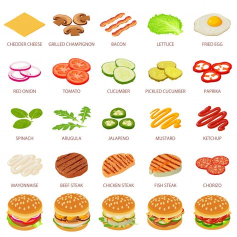 Burger ingredient icons set. isometric illustration of 25 burger ingredient food vector icons for web Premium Vector Burger Ingredients Illustration, Hamburger Ideas, Burger Ingredients, Burger Ideas, Resep Burger, Pizza Sandwich Recipe, Burger Menu, Food Vector, Food Icon