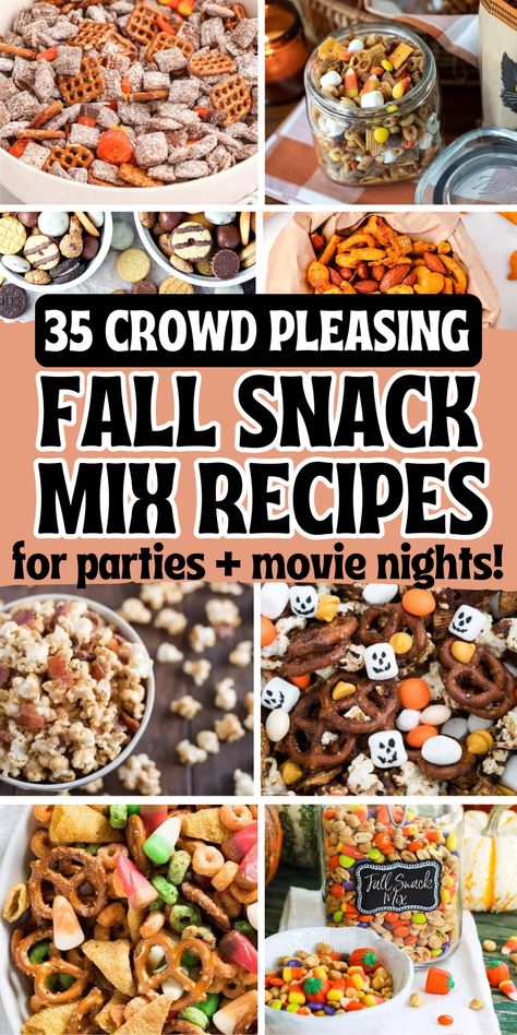 Easy fall snack mix recipes that make fun fall treats for parties, cheap movie night snacks and festive potluck ideas for a crowd. Snacks For Grown Ups, No Cook Chex Mix Recipes, Fall Snacks For Work Party, Autumn Snack Mix Candy Corn, Fall Class Snacks For Kids, Snack Mix For Tailgate, Popcorn Mixes Recipes, Fundraiser Snack Ideas, Harvest Hash Snack