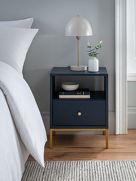 Navy Bedside Table Bedside Table Navy, Landing Furniture Ideas, Navy Bedside Table, Navy Blue Bed Frame Bedroom Ideas, Young Mans Bedroom Ideas, Bedroom Side Table Ideas, Young Mans Bedroom, Hamptons Bedroom, Contemporary Style Bedroom