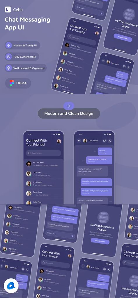 Ceha Chat Messaging Dark Mode App User Interface - Figma Contrast Color Scheme, Mobile App Ui Design Inspiration, App Ui Design Inspiration, Chatbot App, Community App, Chatbot Design, Ui App Design, App User Interface, Mobile App Ui Design