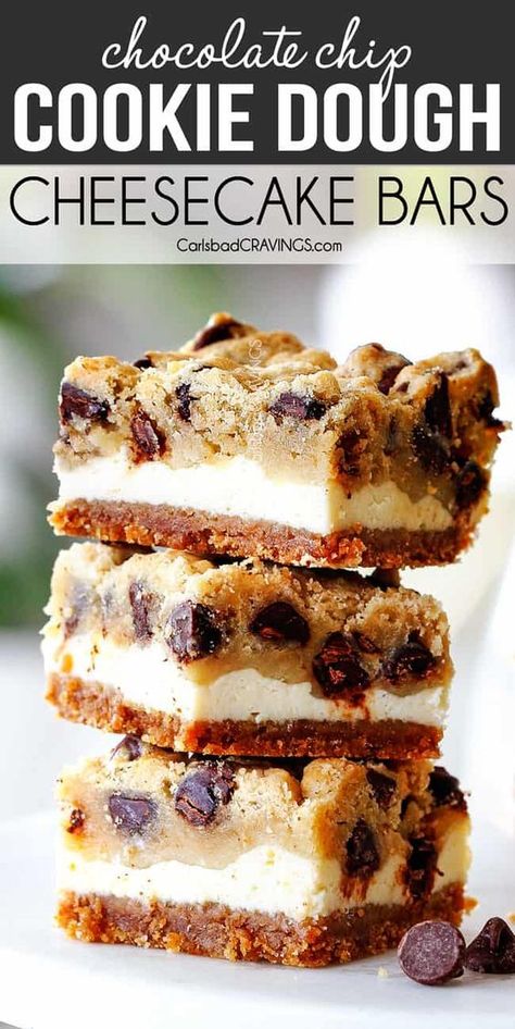 Cookie Dough Cheesecake Bars are your two favorite desserts in EASY, sensationally addicting bar form! These are always a crowd pleaser with everyone begging for the recipe! They also taste even better when made in advance for a stress free dessert! via @carlsbadcraving Cookie Dough Cheesecake Bars, Chocolate Chip Cookie Dough Cheesecake, Chocolate Chip Cheesecake Bars, Cookie Dough Cheesecake, Smores Dessert, Dessert Halloween, Banana Split Dessert, Diy Dessert, Coconut Dessert