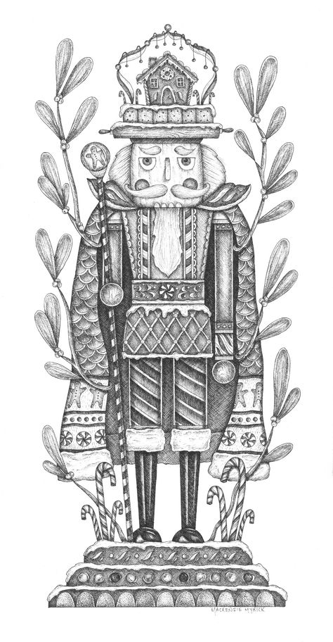 "The Gingerbread Nutcracker" is an original pen and ink drawing by Mackenzie Myrick. This drawing is available as Christmas card packs/sets in time for the holidays! Send a festive, unique note to friends and family. Nutcracker Sketch, Nutcracker Drawing, Box Noel, Ghost Of Christmas Present, Christmas Sketch, Vintage Nutcrackers, God Jul, The Nutcracker, Christmas Drawing