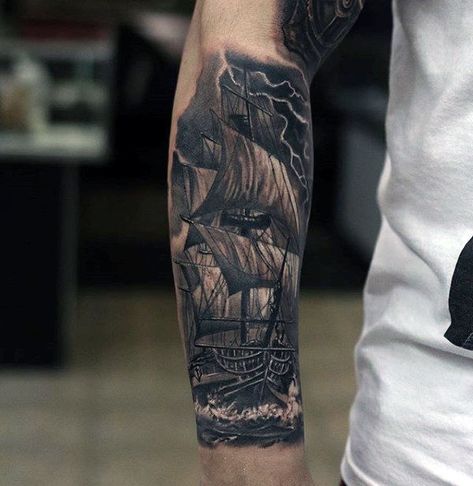 Sailing Ship With Lighting Detailed Forearm Sleeve Tattoos For Men Ship Tattoo Sleeves, Viking Tattoos For Men, Detailed Tattoos, Seagull Tattoo, Mangas Tattoo, Boat Tattoo, Omerta Tattoo, Forarm Tattoos, Tattoo Inspiration Men