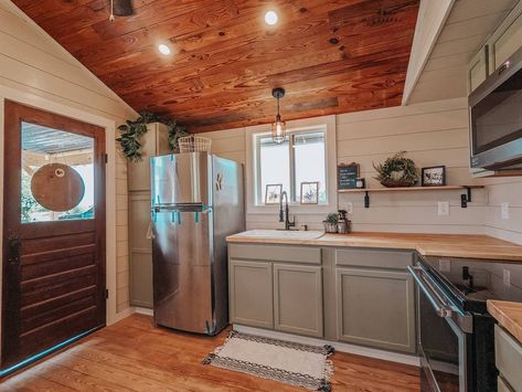 Swipe to see what the kitchen in the little house looked like before......😍 Okay, I do have to point out the tape on the fridge. I know I… 14x40 Shed House Interior, Shed To House Conversion, Sheds Turned Into Homes, Shed Homes Interior, Shed House Interior, Shed To Home, Farmhouse Tiny House, Shed Homes Ideas, Cabin Decorating Ideas