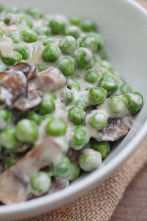 Creamed Peas and Mushrooms | Chef Elizabeth Reese Peas And Mushrooms, Reese's Recipes, February Recipes, Mushroom Side Dishes, Creamy Peas, Creamed Peas, Chef Club, Mushroom Salad, Mushroom Recipe