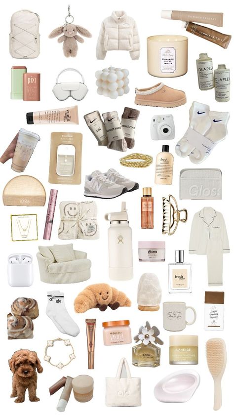 vanilla girl,  essentials, clean girl, aesthetic, boho, beige, neutral color, white, idea, gift idea, Christmas gift ideas Vanilla Girl Essentials, Holiday Decor Trends, Xmas List Ideas, Girly Christmas Gifts, Cozy Winter Decor, Making A Gift Basket, Girl Essentials, Aesthetic Boho, Clean Girl Aesthetic