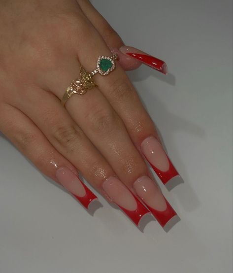 Red Nails V Tip, Valentines Square Acrylic Nails, Long Red Acrylic Nails Design Square, Long Acrylic Nail Designs Red, Long Square French Tip Acrylic Nails, Red French Tip Nails With Diamonds, Acrylic Nails With Bf Initials Red, Red Acrylic French Tips, Red Set Nails