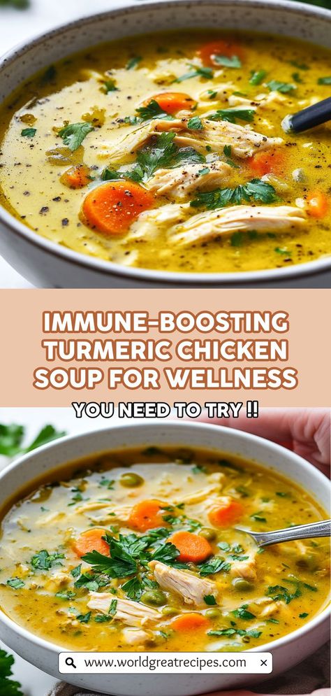 Embrace the warmth of comfort food with this nourishing Anti-Inflammatory Turmeric Chicken Soup. Packed with the vibrant color of turmeric and a symphony of spices, this soup is not just delicious but also supports your immune health. Perfect for chilly nights or when you're feeling under the weather, it combines tender chicken, hearty vegetables, and a medley of spices to create a bowl of wellness. Enjoy a healthy meal that brings joy and nourishment in every spoonful! Chemo Meals Healthy Recipes, Whole Chicken Soup, Turmeric Chicken Soup, Healthy Hearty Soup, Hearty Chicken Soup, Turmeric Soup, Turmeric Chicken, Healing Soup, Comfort Soup Recipes