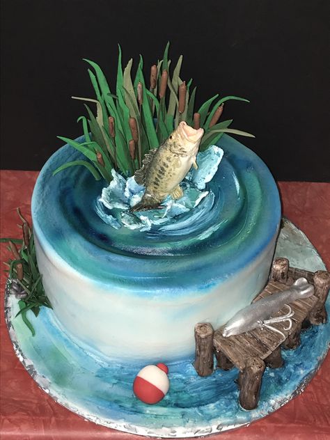 Bass Fish Cake, Fishing Theme Cake, Fondant Fish, Fisherman Cake, Fish Cake Birthday, Father's Day Cake, Boat Cake, Dad Birthday Cakes, Beach Cakes