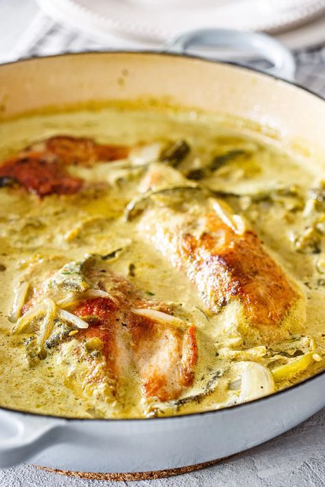 Creamy Chicken Poblano - Maricruz Avalos Kitchen Blog Chicken In Poblano Cream Sauce, Poblano Crockpot Recipes, Chicken Poblano Pepper Recipes, Poblano Pepper And Chicken Recipes, Serrano Chicken Recipe, Spicy Poblano Beef Bowl, Roasted Poblano Chicken Enchiladas, Poblano Stuffed Chicken, Keto Chicken Poblano Soup